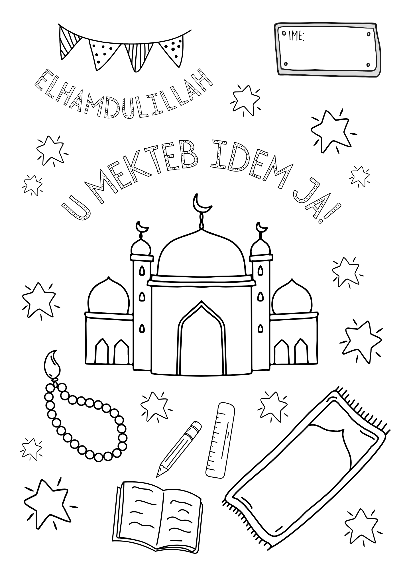 Ausmalbild / Heftcover "Elhamdulillah, u Mekteb idem ja!"