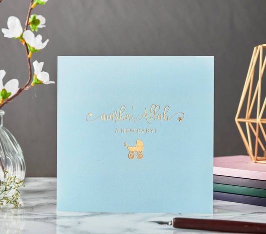 Masha'Allah It's a boy Karte mit Goldfolie in Blau